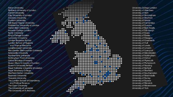 A map of UK featuring a grid of dots with university locations