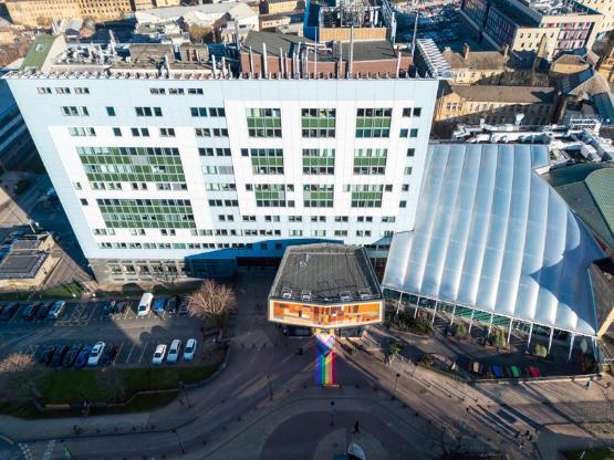 A drone picture looking down on Richmond Building University of Bradford