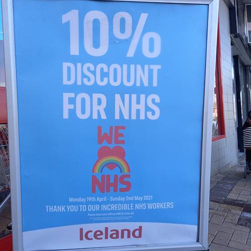 Sign giving 10% discount to incredible NHS workers 