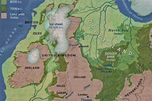 Map showing Doggerland, area of dry land between Denmark and Northern England known to have been home to our prehistoric ancestors