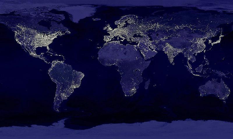 visualisation of the earth from space with lit up areas showing population centres