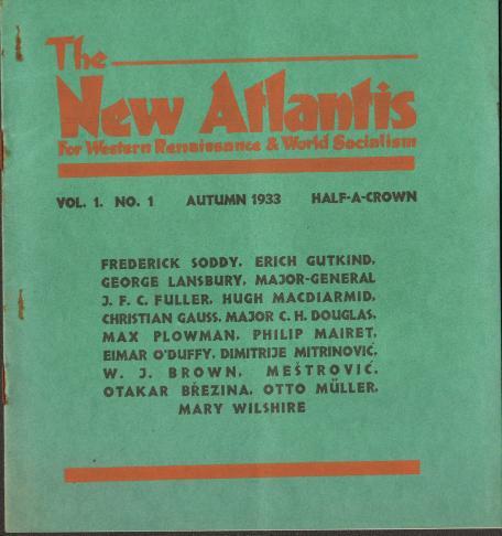 	Cover of journal issue New Atlantis, volume 1, number 1, 1933, including articles by Dmitrije Mitrinovic and others in his circle. Green with red/orange and black lettering.  From the Mitrinovic Library, Special Collections