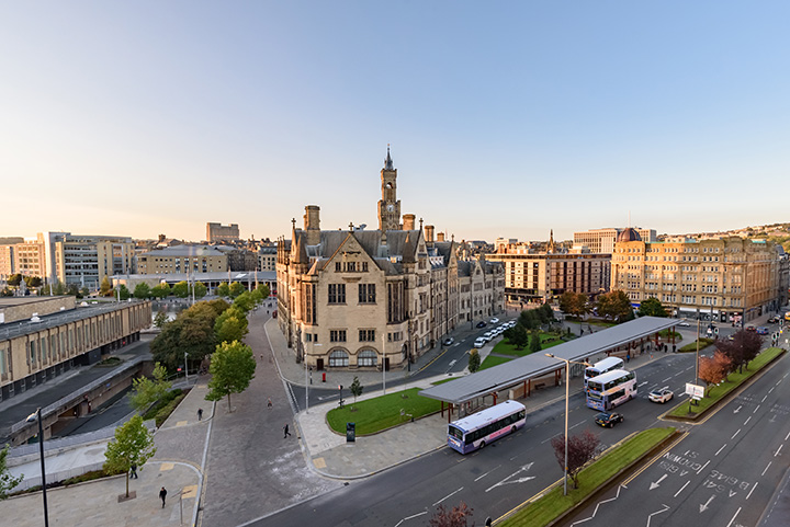 An aerial view of Bradford as the sun is starting to set