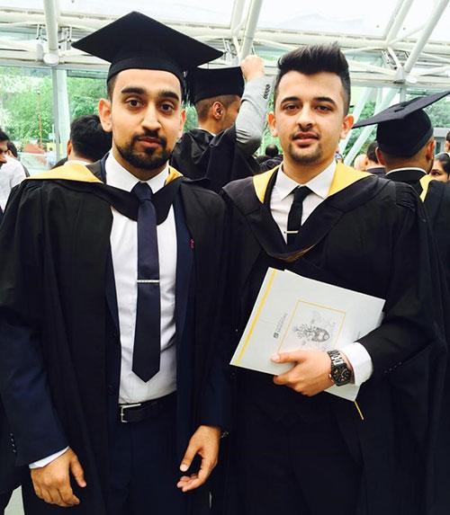 Atif Saddiq, Pharmacy MPharm with Sandwich Year and MSc Advanced Practice (Clinical Practitioner), with a friend at graduation