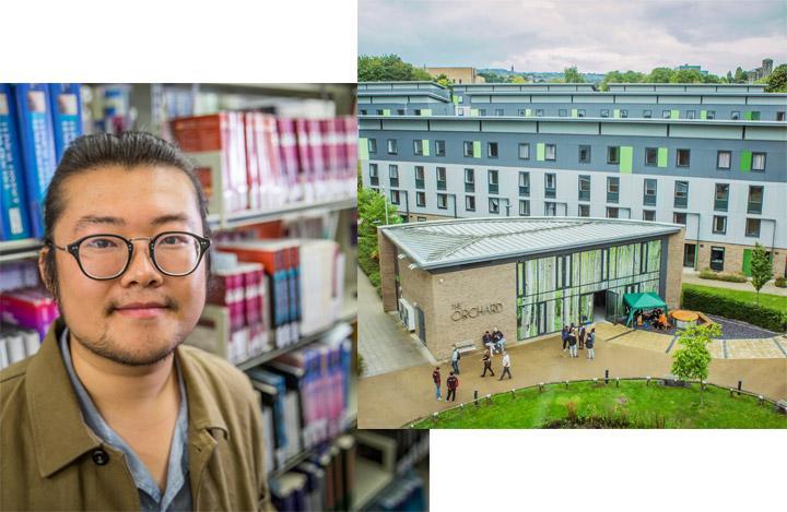 Two square images, one is a profile shot of Bradford student, Chuanxin Li and the other of the Green student accommodation