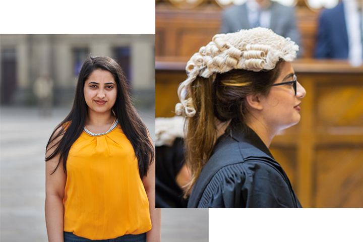 Ifrah Asif and an image of a student in the Moot Court