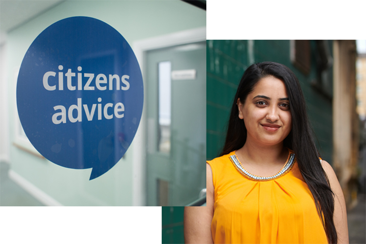 A Bradford student, Ifrah Asif and a window with the words 'Citiziens Advice'