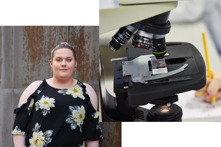 Two images, one of Olivia Dean, a student, and one of a microscope