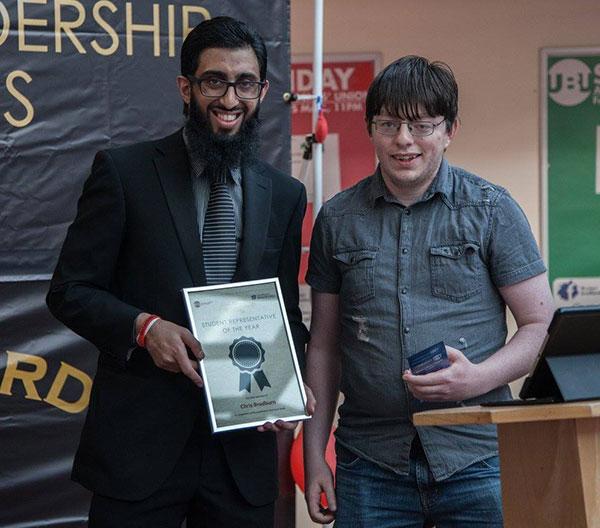 Chris Bradburn, MA Digital Filmmaking graduate, receiving 'Student Representative of the Year 2017'