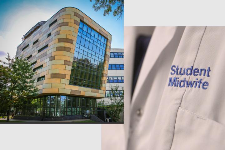 Two square shots, one of the health studies building and one of a student midwife uniform