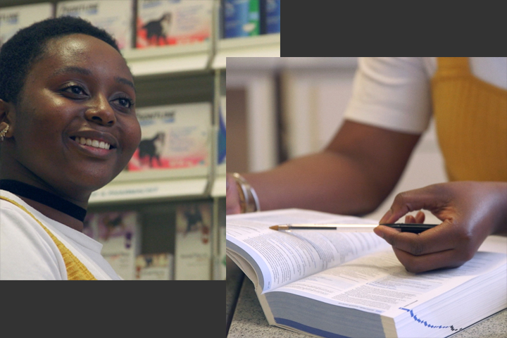 Two images of Faith, a Bradford student. One working in the on-campus Pharmacy and the other reading a textbook