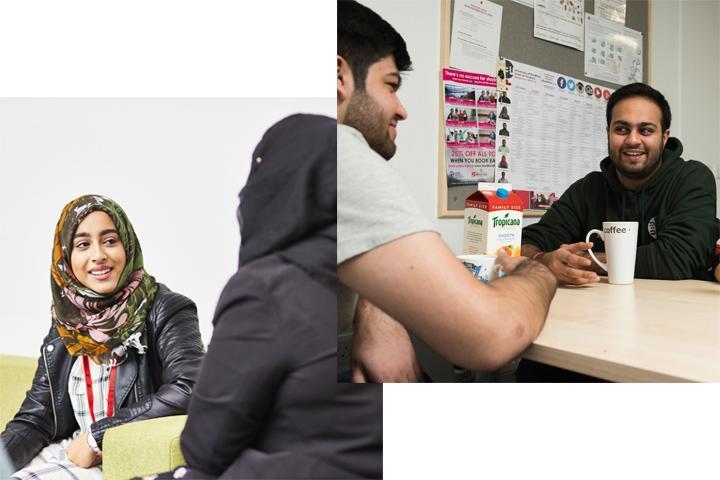 Two separate images each featuring two students chatting to each other