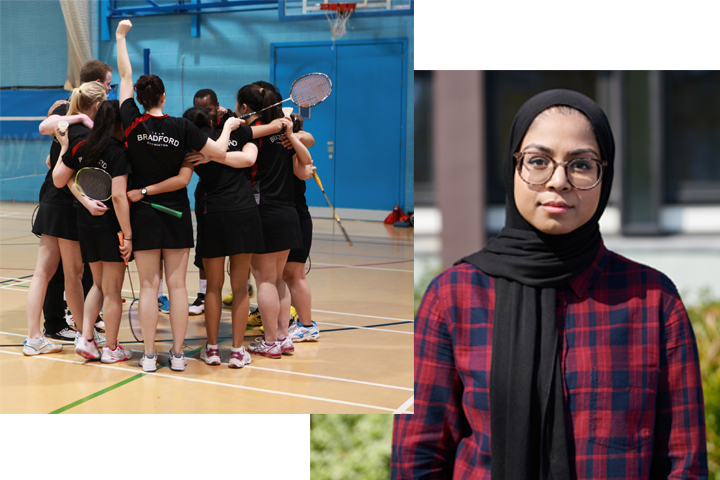 A double-image of student Zoya Raja and a badminton team