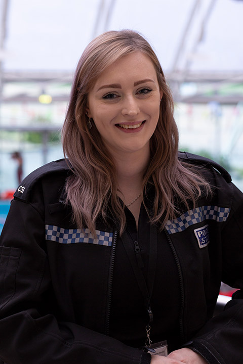 An image of a Bradford alumni, Keeley in her CSI uniform