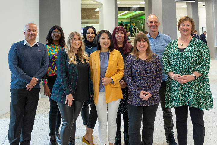 All 9 staff members of the Outreach and Recruitment team at the University of Bradford.