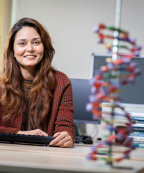 Postgraduate student sitting behind a desk with a DNA helix model on it
